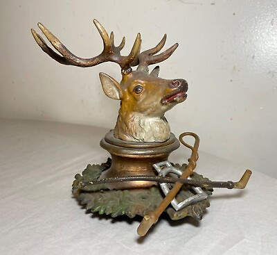 #ad antique cold painted bronze cast iron hunting elk deer figural inkwell desk jar $339.99