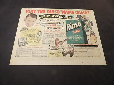 #ad Rinso detergent ad Apr 20 1952 1 Half Size Sunday Disney#x27;s Snow White $3.00