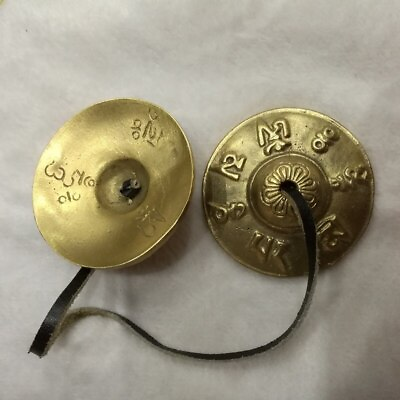 #ad 6.5CM Tibetan Brass Old Golden Buddhist Bells Pair 65mm Tibetan Six Words Mantra $21.12