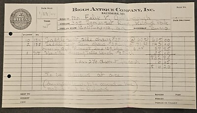 #ad 1944 Biggs Antique Company Inc Billhead Receipt Baltimore MD $14.00