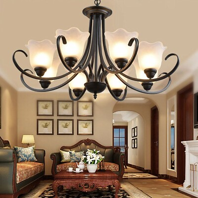 #ad American Wrought Iron Pendant Light 8 Head Glass Chandelier Ceiling Lamp Fixture $139.04
