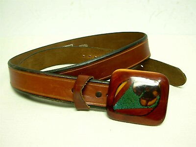 #ad WESTERN MARC DE PARIS BROWN LEATHER BELT w POLISHED WOOD TURQUOISE INLAY BUCKLE $37.50