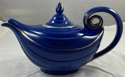 #ad Aladdin Teapot Hall Blue w Gold Trim 1940#x27;s Cobalt Vintage MCM $35.00