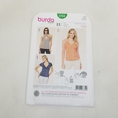 #ad Burda Style Pattern 6764 Ms V Neck Fitted Tops w Neckline Sleeve Variations 8 18 $12.95