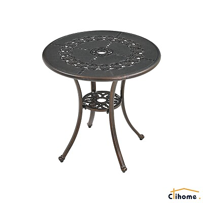 #ad Clihome Cast Aluminum Table Outdoor Round Dining Table with Umbrella Hole Brown $92.79