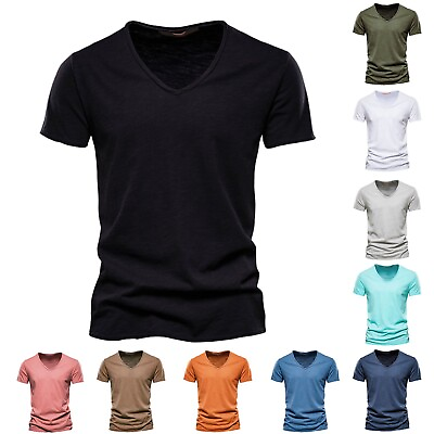 #ad Mens Fashion Casual Solid Color Cotton V Neck Short Sleeve T Shirt Top $13.99