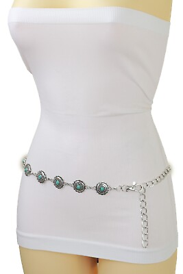 #ad Women Western Fashion Belt Silver Metal Turquoise Blue Flower Charm Size S M L $18.95