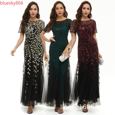#ad Lady Sequin Embroidered Short sleeve bridesmaid Evening Gown Long fishtail dress $63.41