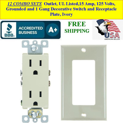 #ad 12 COMBO SETS Dual Wall Outlet UL Listed 15 Amp and 1 Gang Wall Plate Ivory $139.20