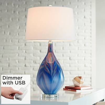 #ad Modern Table Lamp with USB Port Blue Art Glass White Fabric Shade Living Room $199.98