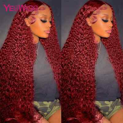 #ad 13x4 Burgundy 99J Colored Deep Curly Lace Front Human Hair Wig Women Pre Plucked $80.80