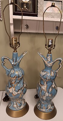 #ad LAMPS PAIR MATCHING VINTAGE TURQUOISE WHITE GOLD 29quot; X 11 ON GOLD BASE PORCELAIN $65.00