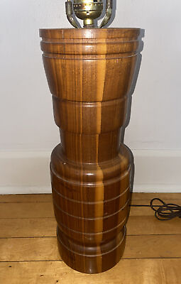 #ad Vintage MCM Large Turned Wood Table Lamp 27” WORKS Danish Design $73.79