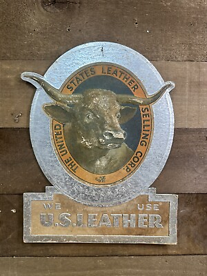 #ad Antique States Leather Selling Corp Steerhead “We Use U.S. Leather” Sign Bull $299.99