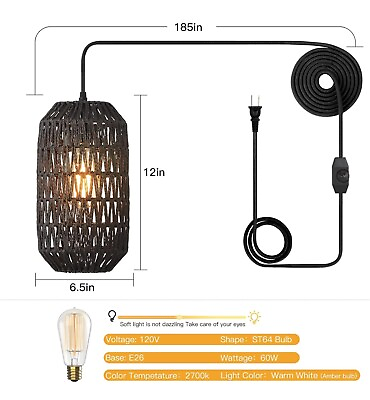 #ad Plug in Pendant Light Rattan Hanging Lights with Plug in Cord 15Ft Dimmable Cor $31.49