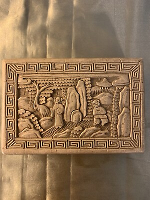 #ad Antique Chinese Carved White Lacquer Vintage Box Garden Scene $27.95
