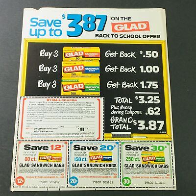 #ad VTG Retro 1983 Glad Back to School Money Back Offer Sandwich Bags Ad Coupon $18.00