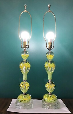 #ad PAIR Vintage MCM ST CLAIR Art Glass Yellow Flower Paperweight Table Lamps 34quot; $449.99