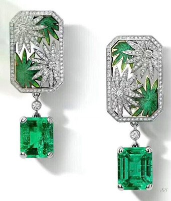 #ad Leaf Design with Emerald Cut Green Lab Created Emerald Unique Silver Earrings $360.00