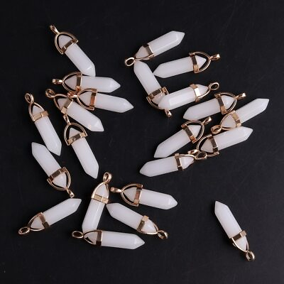 #ad Natural Stone White Jade 30pcs Hexagonal Column Pendants for Jewelry Making $19.94