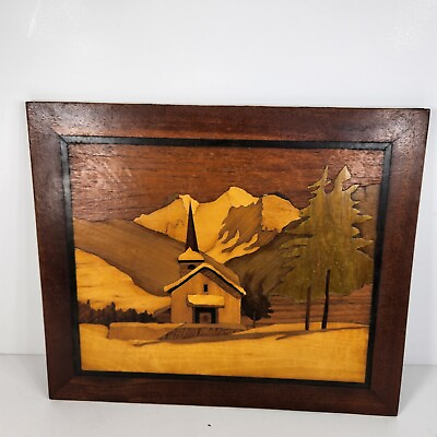#ad Vintage Inlaid Marquetry Wood Inlay Picture 13quot; x 15quot; Swiss Alps 1973 $39.99