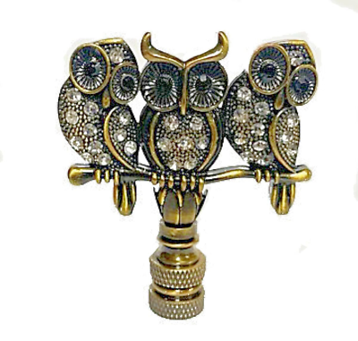 #ad 3 OWL LAMP SHADE FINIAL ANTIQUE BRASS W CRYSTAL BEADS... 1 4 27 FINIAL THREAD $11.80