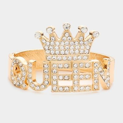 #ad Gold QUEEN Word Pendant Statement Bracelet Jewelry Rhinestone Crystal Crown $42.00