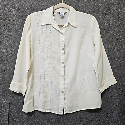 #ad Carole Little Shirt Womens Size Medium 100% Linen White Embroidered 3 4 Sleeve $19.50