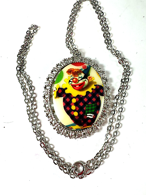 #ad Vintage Necklace Clown Pendant Silvertone Chain Ceramic Oval Novelty Costume $15.00