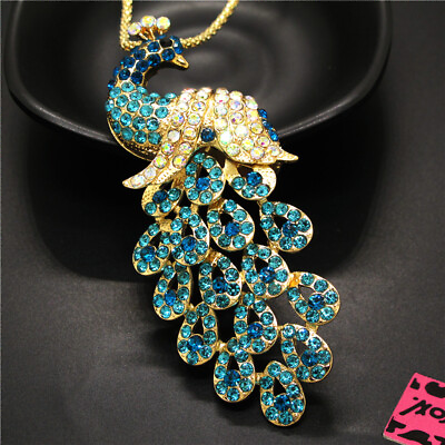 #ad Fashion Women Rhinestone Blue Bling Peacock Crystal Pendant Chain Necklace $4.13