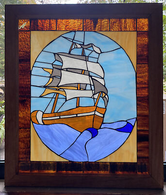 #ad Vintage Leaded Stained Glass Window Clipper Ship Nautical 29.5quot;x25.5quot; $149.00