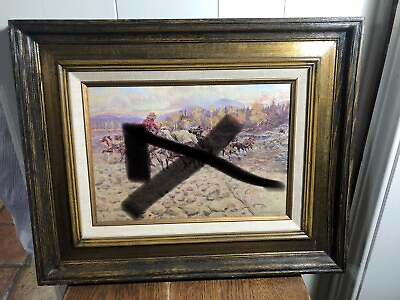 #ad 12x15.5 VTG Wood Gold Trim Frame Linen Liner w Charles Russell Canvas Art Print $33.49