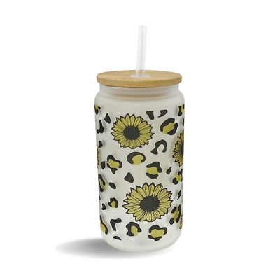 #ad Sunflowers Leopard Frosted Glass Can 16oz or 20oz Bamboo lid with clear $14.99