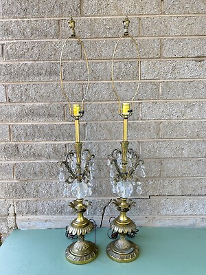 #ad Vintage Pair Hollywood Regency Spelter Brass amp; Crystal Table Lamps with Prisms $288.71