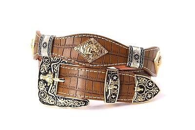 #ad West Belt Brown Silver Concho Gold Horse Crocodile Pants 30 Cinto Vaquero Toro $34.99
