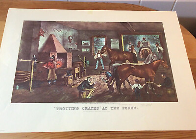 #ad 1952 CURRIER amp; IVES HORSE TROTTING CRACKS AT THE FORGE 17”X13.5”PRINT LITHOGRAPH $12.00