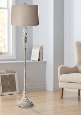 #ad Shabby Chic Floor Lamp Antique White Natural Linen Fabric Shade for Living Room $199.99
