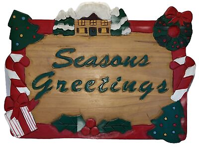 #ad Vintage Seasons Greetings Carved Wooden Sign Wall Hanging 10.5 x 14.5” Christmas $19.00