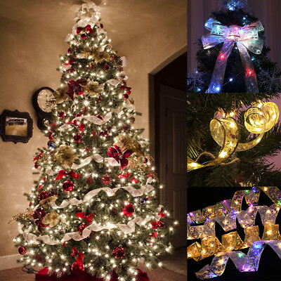 #ad 2 5m LED Ribbon Fairy Lights Light Up Bow Christmas Tree Top Topper Party Decor $10.09