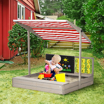 #ad Outsunny Kids Wooden Sandbox w Canopy Bench Seats Outdoor Sand Box Gray $104.99