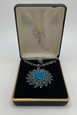 #ad Vintage JJ JONETTE Southwest Faux Turquoise Pewter Necklace Boho Western $24.86