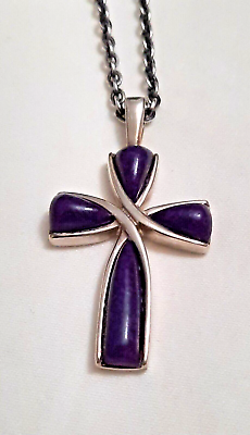 #ad Vintage Sterling Silver Purple Stone Cross Pendant Necklace $19.99
