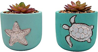#ad Fake Succulent Teal Potted Planters Ocean Themed Set of 2 $11.80