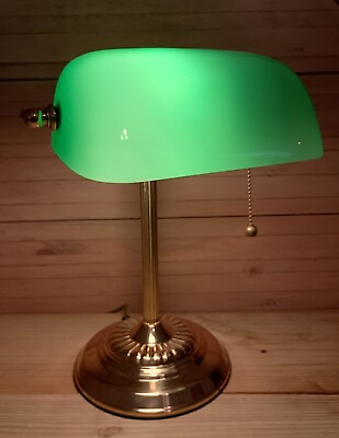 #ad VINTAGE BRASS GREEN EMERALD GLASS SHADE BANKERS DESK TABLE LAMP with Pull Chain $35.50