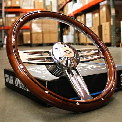 #ad 14quot; Inch Polished amp; Wood Steering Wheel Chevy Bowtie Horn 6 Hole C10 Camaro $179.48