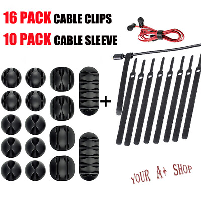 #ad 26 Pack Cable Organizer Sleeve Straps Desk Wire Cable Reel Cord Clip USB Holder $9.89