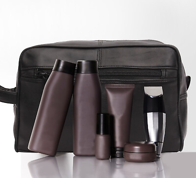 #ad Black Leather Shaving Kit Dopp Kit Overnight Toiletry Bag Travel Case New $24.99