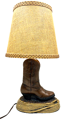 #ad Cowboy Boot Lamp Rustic Western Brown Resin Rope Base Tan Burlap Shade Works $49.99