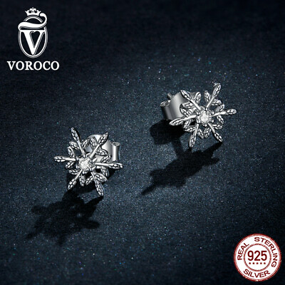 #ad Voroco 100% Sterling Silver Women Stud Earrings Clear CZ snowflakes Jewelry $9.05