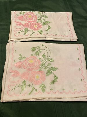 #ad 2 Finished Cross Stitch Embroidered Table Linen Runners Pink Rose Design $15.00